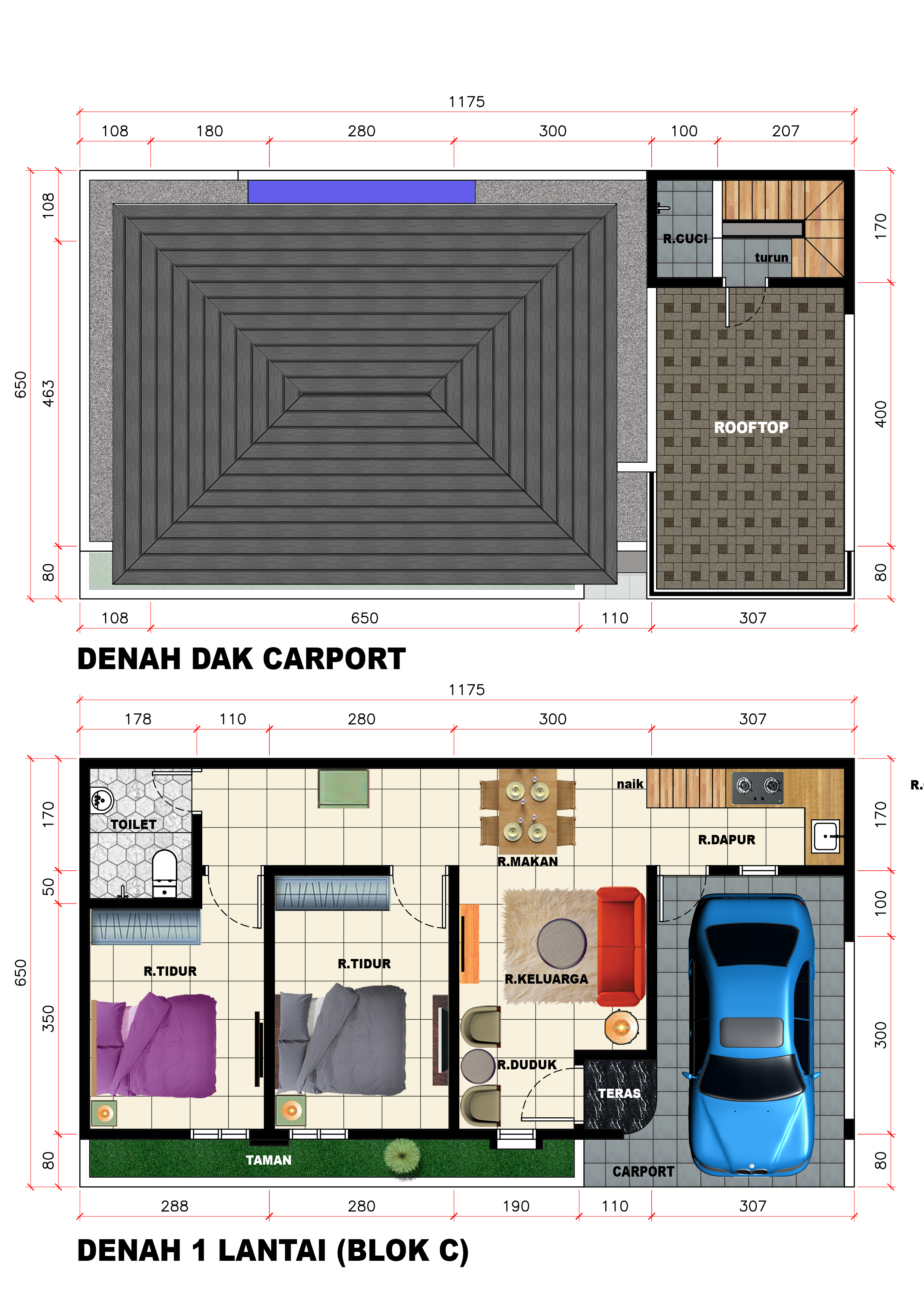 Bird's-eye view of a modern stylish housing community with green landscaping and cars parked on the street